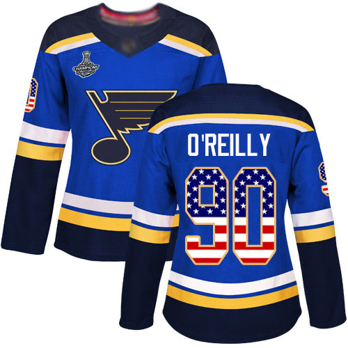 Adidas Blues #90 Ryan O'Reilly Blue Home Authentic USA Flag Stanley Cup Champions Women's Stitched NHL Jersey